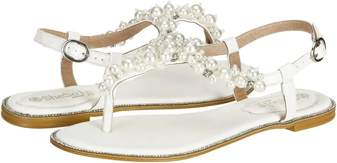 SheSole Women's Pearl Rhinestone Flats Sandals T-Strap Bride Wedding Shoes White