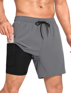 SILKWORLD Men's Swim Trunks Quick Dry Swimming Shorts 6 Inch Bathing Suits with Compression Liner and Zipper Pockets