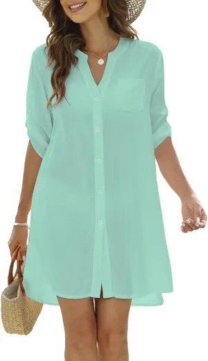 SimpleFun Women's Swimsuit Cover Ups 3/4 Sleeve Button Down Shirt Bathing Suit Beach Dresses