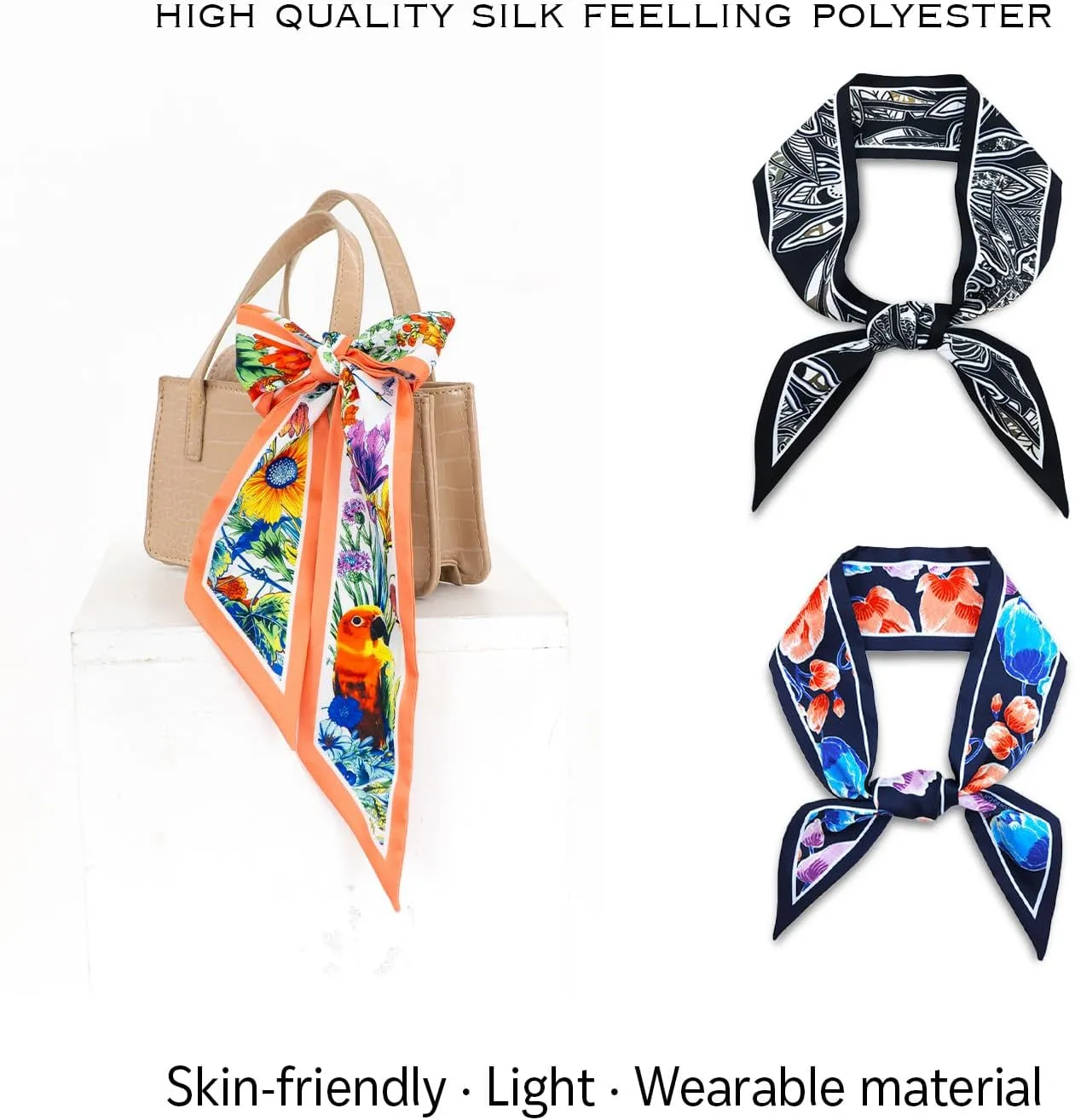 Skinny Scarf 3-Pack - Floral Paisley Slim Silk Feel Scarves for Hair, Neck, Handbag - Lightweight, Gift-Ready