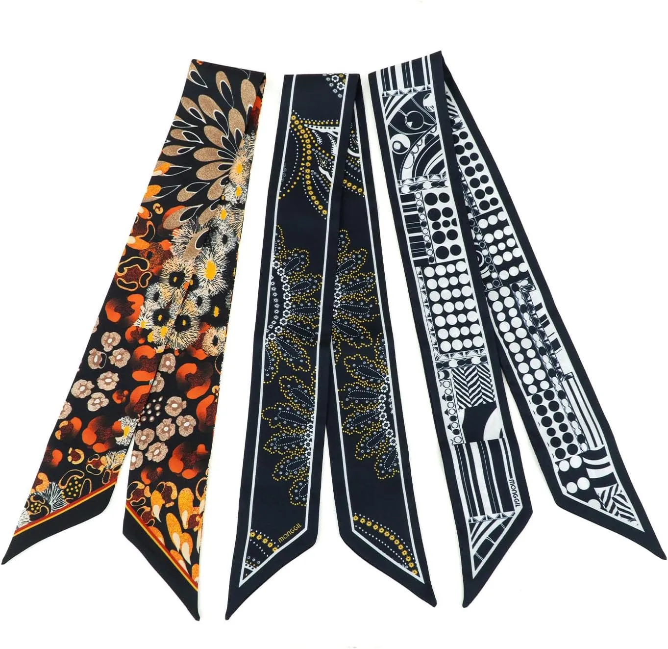 Skinny Scarf 3-Pack - Floral Paisley Slim Silk Feel Scarves for Hair, Neck, Handbag - Lightweight, Gift-Ready