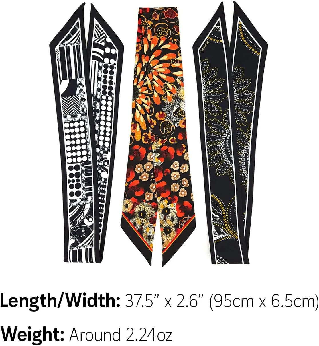 Skinny Scarf 3-Pack - Floral Paisley Slim Silk Feel Scarves for Hair, Neck, Handbag - Lightweight, Gift-Ready