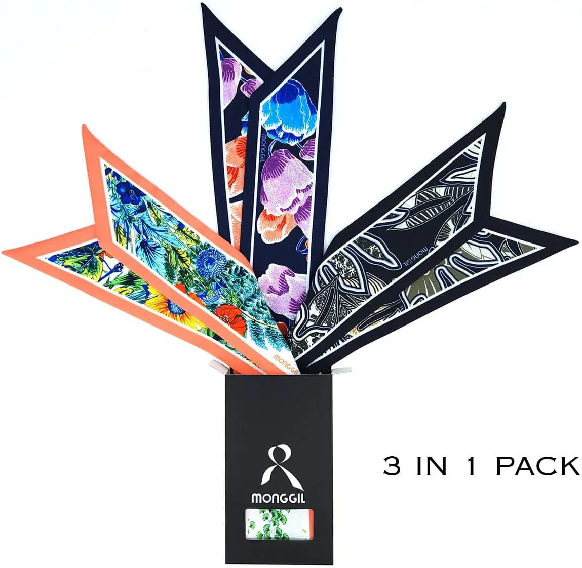 Skinny Scarf 3-Pack - Floral Paisley Slim Silk Feel Scarves for Hair, Neck, Handbag - Lightweight, Gift-Ready