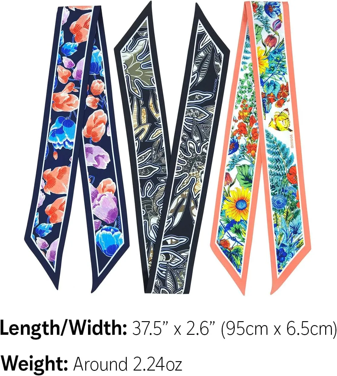 Skinny Scarf 3-Pack - Floral Paisley Slim Silk Feel Scarves for Hair, Neck, Handbag - Lightweight, Gift-Ready