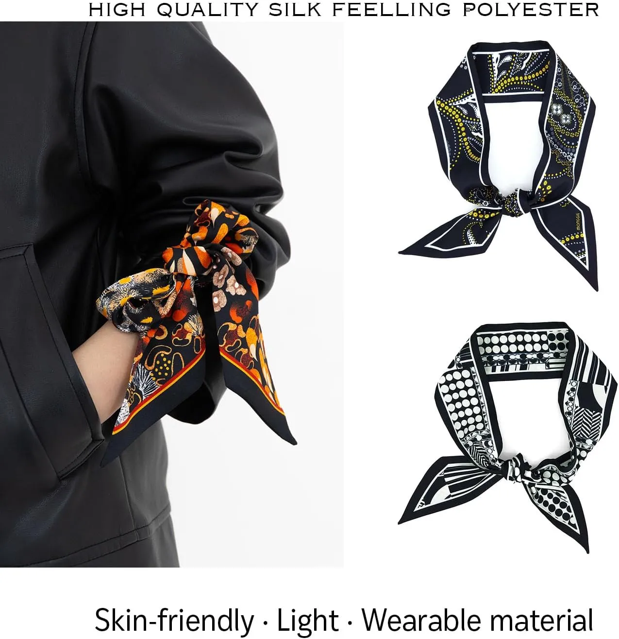 Skinny Scarf 3-Pack - Floral Paisley Slim Silk Feel Scarves for Hair, Neck, Handbag - Lightweight, Gift-Ready