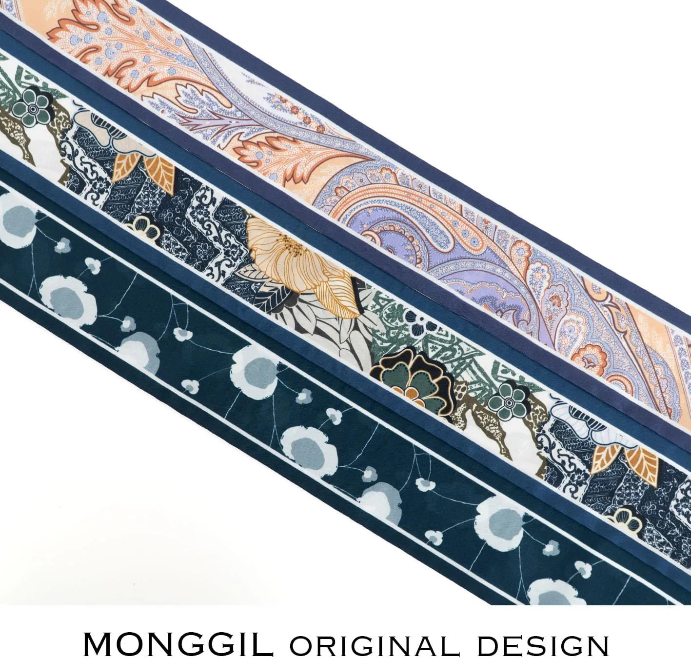 Skinny Scarf 3-Pack - Floral Paisley Slim Silk Feel Scarves for Hair, Neck, Handbag - Lightweight, Gift-Ready