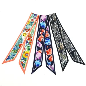 Skinny Scarf 3-Pack - Floral Paisley Slim Silk Feel Scarves for Hair, Neck, Handbag - Lightweight, Gift-Ready