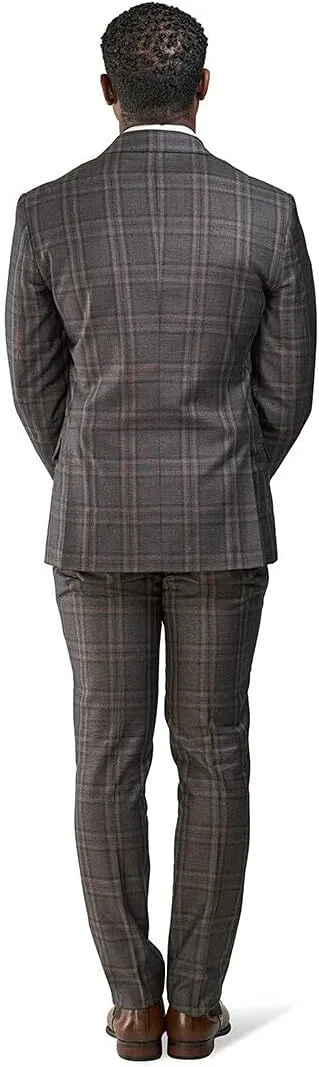 Slim Fit Suit 2 Button Peak Lapel Windowpane Plaid Vest Optional 35071