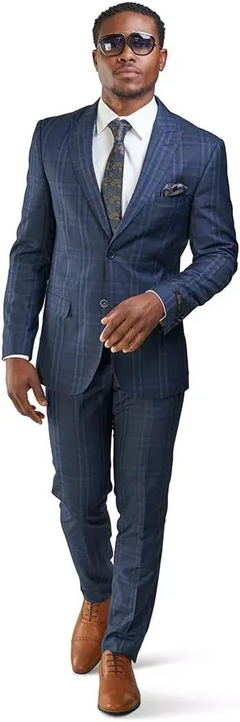 Slim Fit Suit 2 Button Peak Lapel Windowpane Plaid Vest Optional 35071