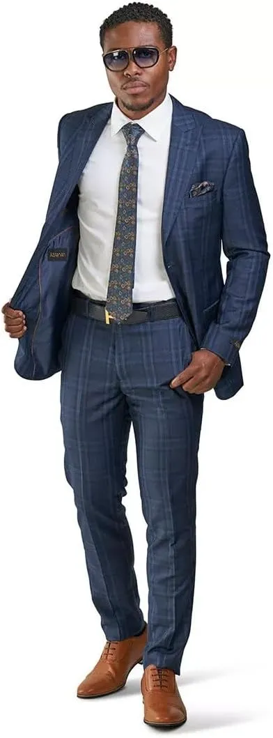 Slim Fit Suit 2 Button Peak Lapel Windowpane Plaid Vest Optional 35071