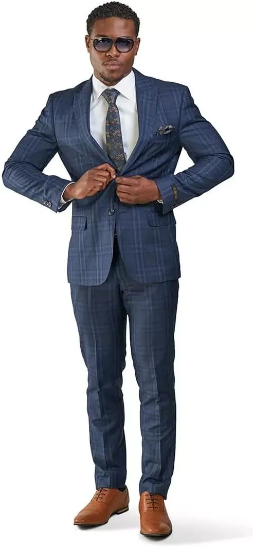 Slim Fit Suit 2 Button Peak Lapel Windowpane Plaid Vest Optional 35071