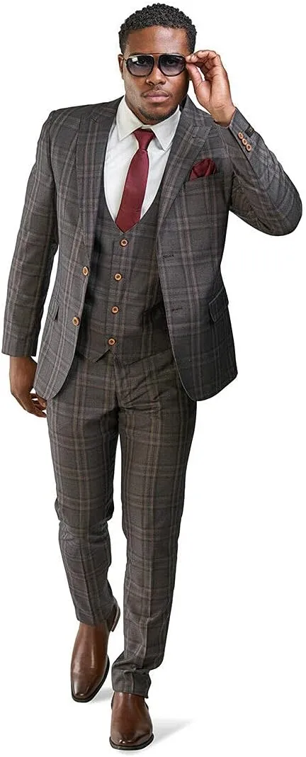 Slim Fit Suit 2 Button Peak Lapel Windowpane Plaid Vest Optional 35071