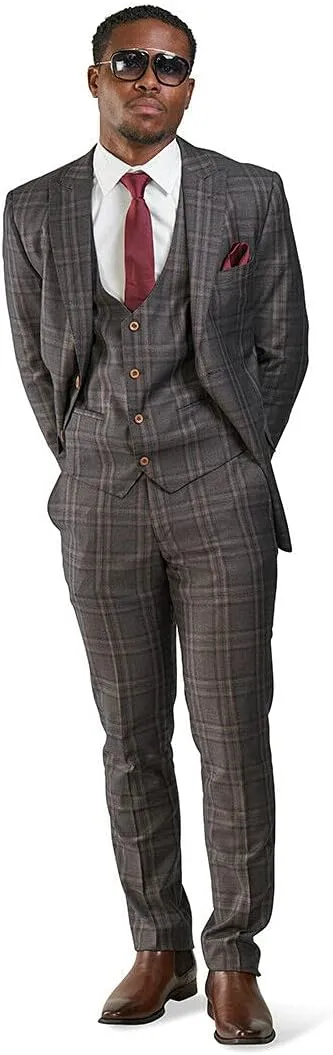 Slim Fit Suit 2 Button Peak Lapel Windowpane Plaid Vest Optional 35071