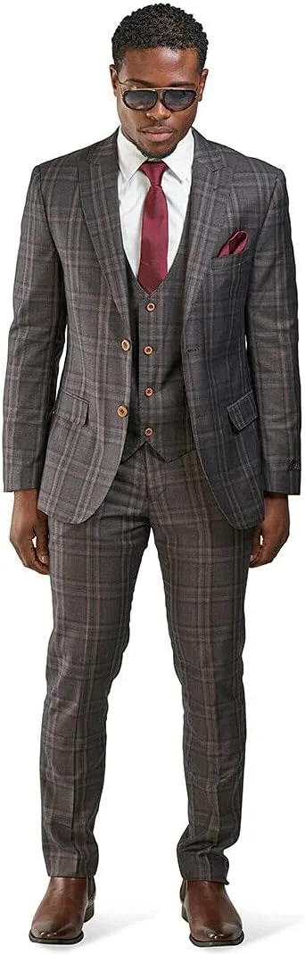 Slim Fit Suit 2 Button Peak Lapel Windowpane Plaid Vest Optional 35071