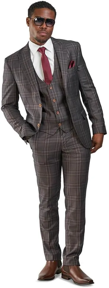 Slim Fit Suit 2 Button Peak Lapel Windowpane Plaid Vest Optional 35071