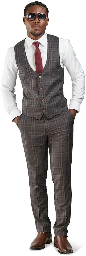 Slim Fit Suit 2 Button Peak Lapel Windowpane Plaid Vest Optional 35071