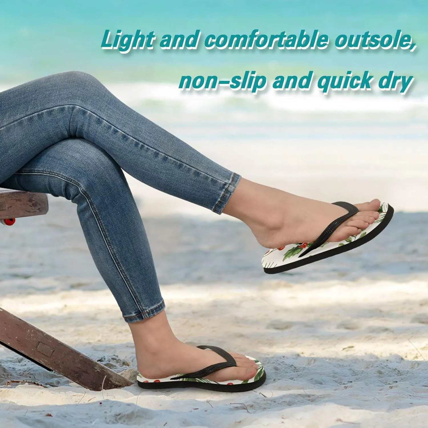 Slim Flip Flops for Women Beach - Retro Leave Berries Casual Thong Flat Sandals Rubber Slide Slippers Shower Shoes