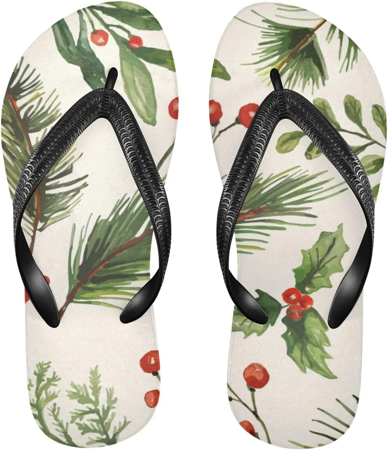 Slim Flip Flops for Women Beach - Retro Leave Berries Casual Thong Flat Sandals Rubber Slide Slippers Shower Shoes