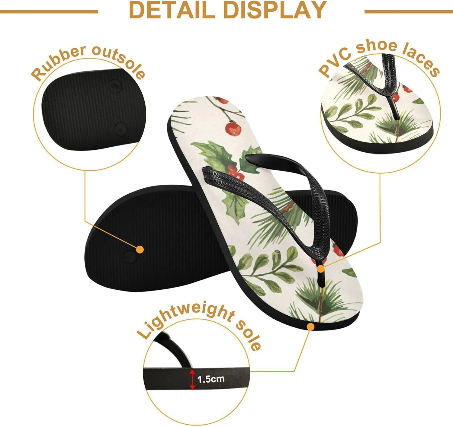 Slim Flip Flops for Women Beach - Retro Leave Berries Casual Thong Flat Sandals Rubber Slide Slippers Shower Shoes