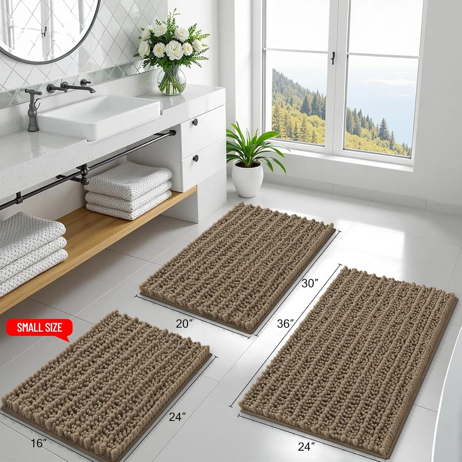 Smiry Bathroom Rugs Mat 24x16, Extra Soft Absorbent Chenille Bath Rugs, Non Slip Rubber Backing Machine Washable Quick Dry Bath Mats for Bathroom Floor, Tub, Shower, Home Decor Accessories, Camel