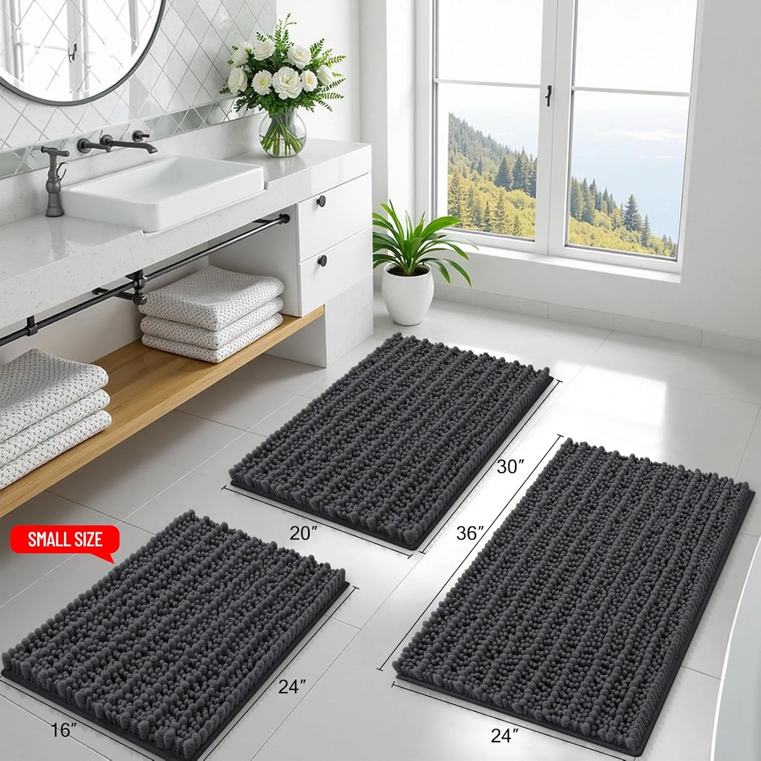 Smiry Bathroom Rugs Mat 30x20, Extra Soft Absorbent Chenille Bath Rugs, Non Slip Rubber Backing Machine Washable Quick Dry Bath Mats for Bathroom Floor, Tub, Shower, Home Decor Accessories, Dark Grey