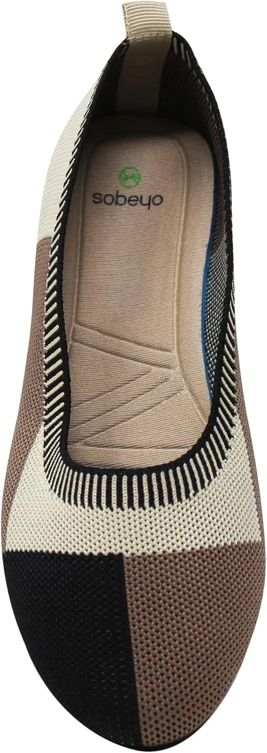 SOBEYO Ballet Flats Comfort Soft-Sole Breathable Sweater Fabric Lightweight Round Toe Shoes