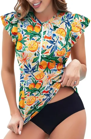 Soneven Women's Swim Shirt UPF 50  Ruffle Sleeve Rash Guard UV Sun Protection Swimsuit Top Bathing Suit No Bottom
