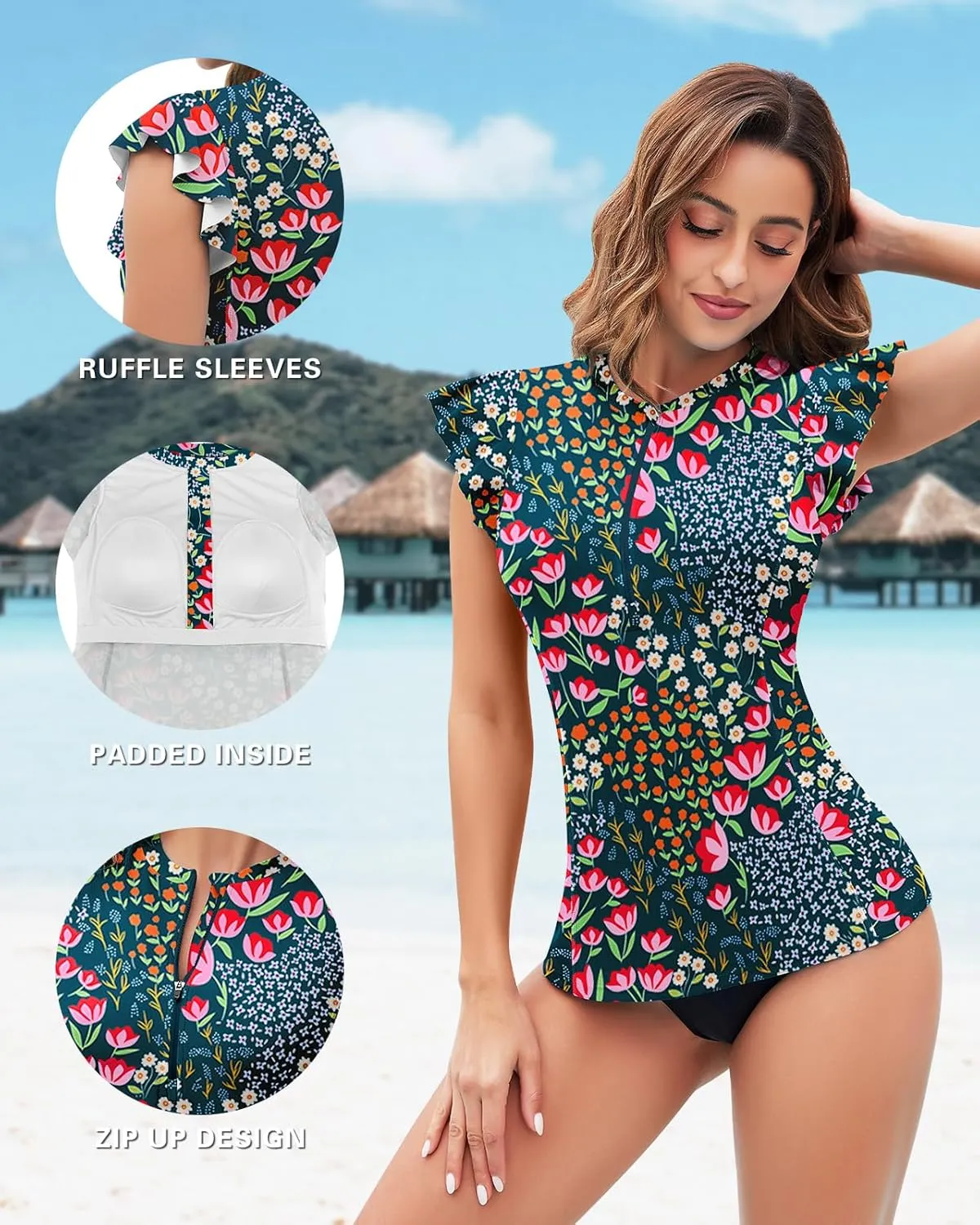 Soneven Women's Swim Shirt UPF 50  Ruffle Sleeve Rash Guard UV Sun Protection Swimsuit Top Bathing Suit No Bottom