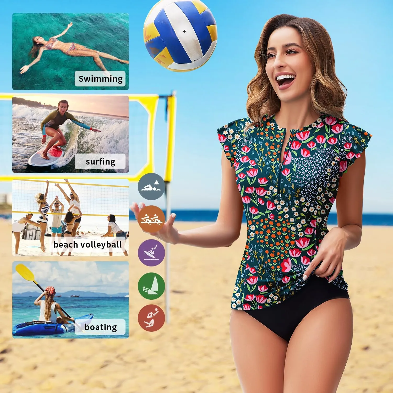 Soneven Women's Swim Shirt UPF 50  Ruffle Sleeve Rash Guard UV Sun Protection Swimsuit Top Bathing Suit No Bottom