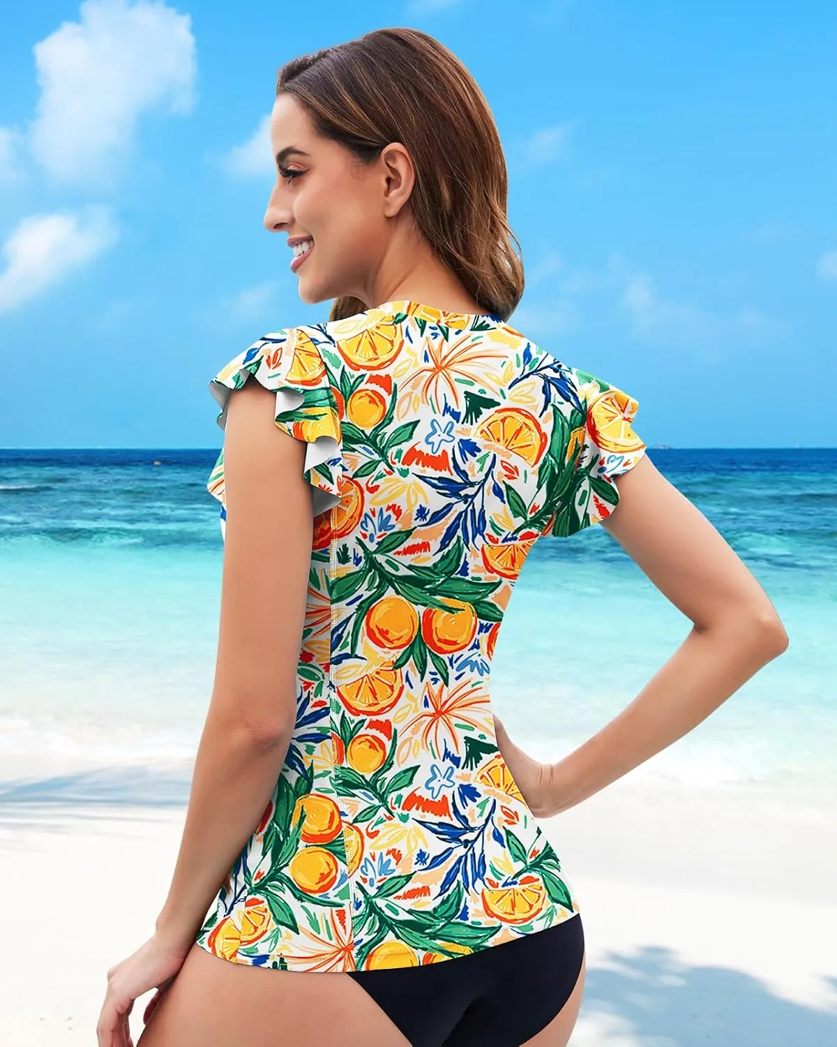 Soneven Women's Swim Shirt UPF 50  Ruffle Sleeve Rash Guard UV Sun Protection Swimsuit Top Bathing Suit No Bottom