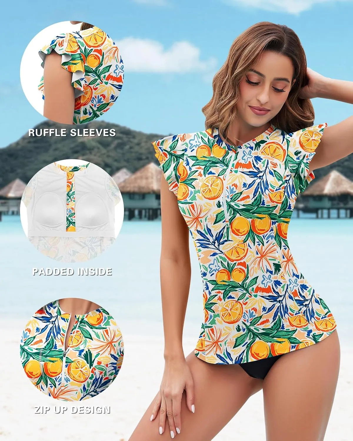 Soneven Women's Swim Shirt UPF 50  Ruffle Sleeve Rash Guard UV Sun Protection Swimsuit Top Bathing Suit No Bottom