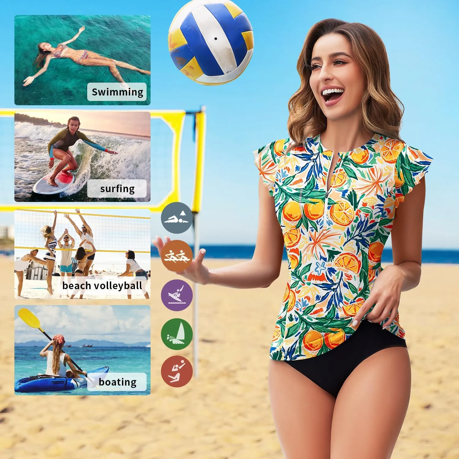 Soneven Women's Swim Shirt UPF 50  Ruffle Sleeve Rash Guard UV Sun Protection Swimsuit Top Bathing Suit No Bottom