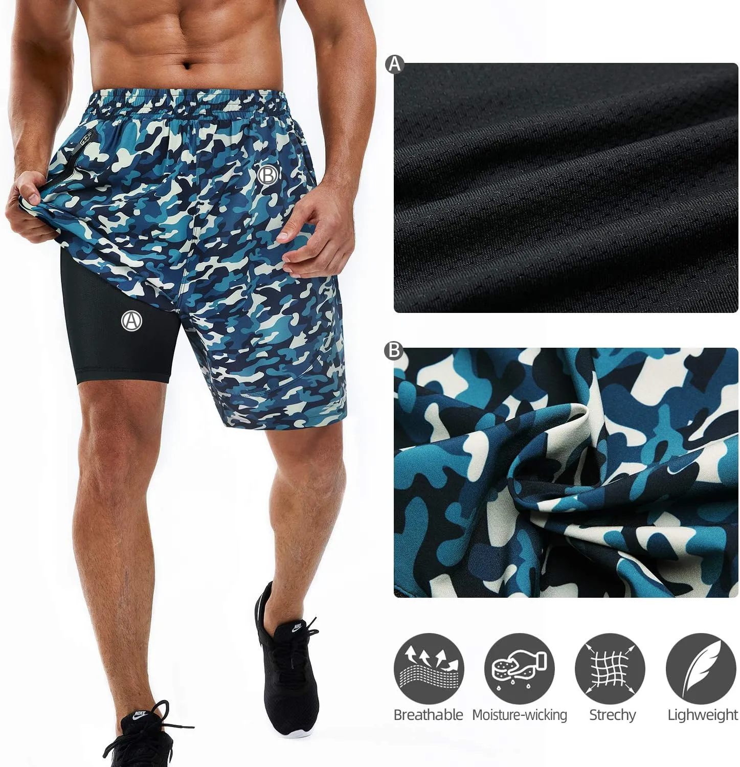 Souke Sports Men's 2 in 1 Workout Running Shorts 7" Quick Dry Gym Athletic Shorts Liner Zipper Pockets