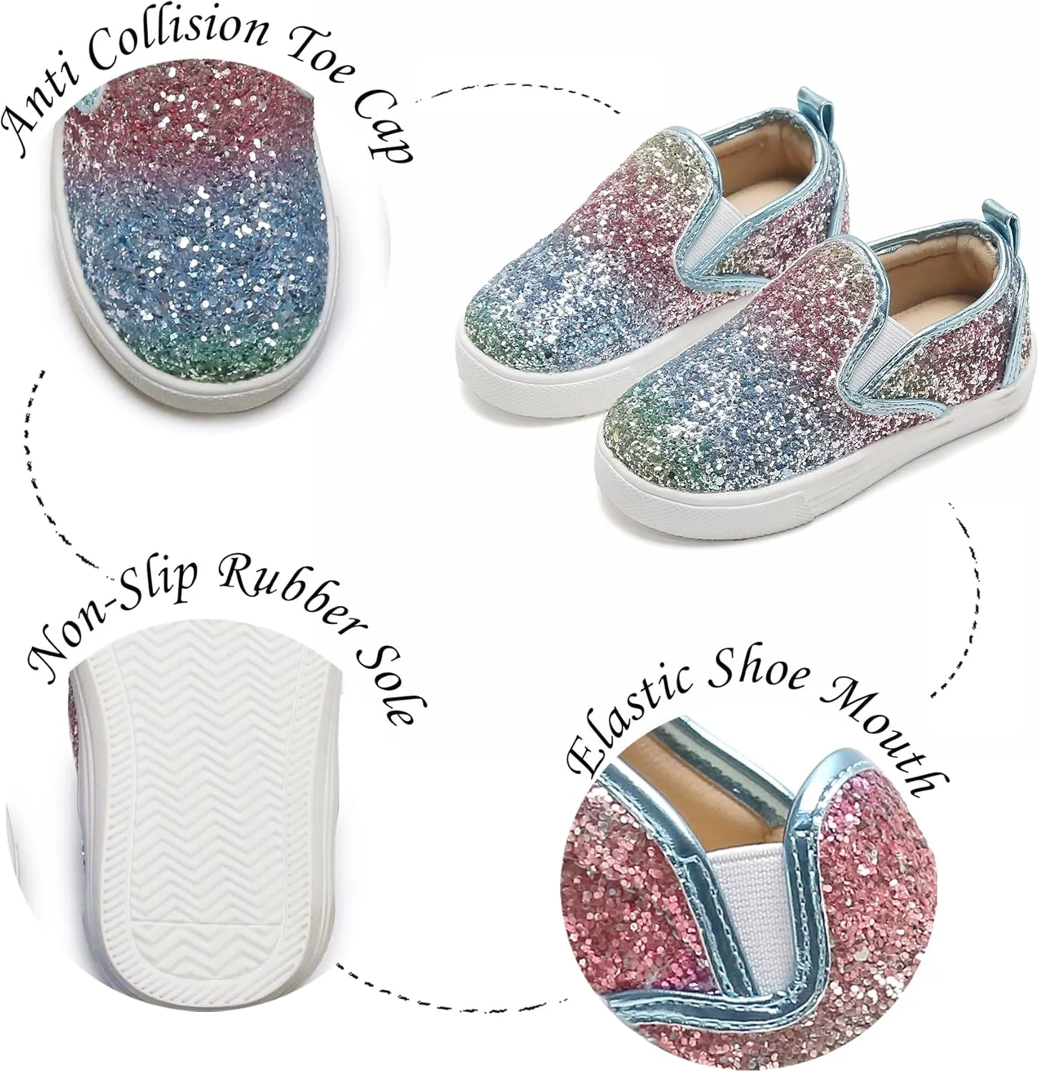 Sparkly Sneakers for Girls 3-12 Years Slip-On Comfort Fit Casual Princess Shoes