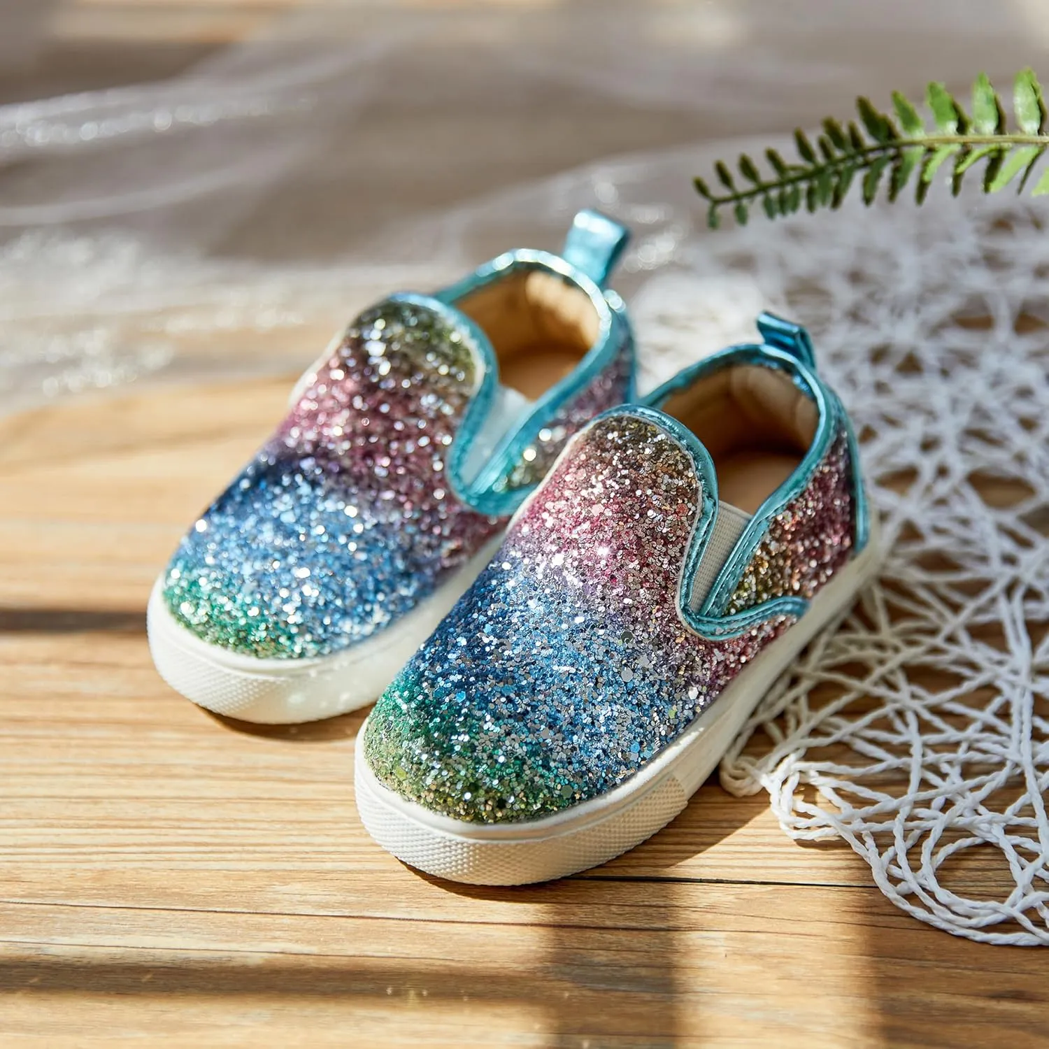 Sparkly Sneakers for Girls 3-12 Years Slip-On Comfort Fit Casual Princess Shoes