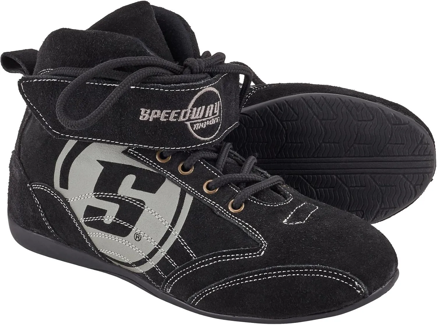 Speedway Motors Viper Mid-Top SFI 3.3/5 Racing Shoes, Size 11: Leather & FRC, Soft Compound Performance Sole, Reinforced Eyelets, Double Stitched, Hook-and-Loop Closure, Black with Gray Logo