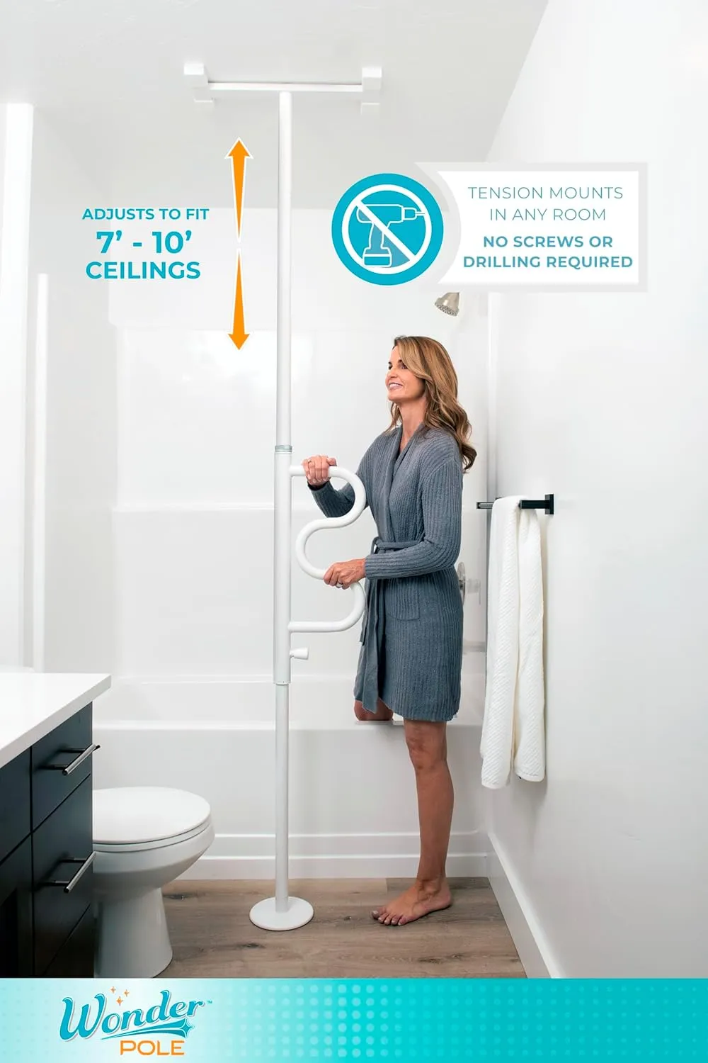 Stander Wonder Pole, Security-Pole and Curve Grab Bar, Tension Mounted Floor to Ceiling Transfer-Pole for Seniors, Elderly Adults, Bathroom Safety Assist and Stability Rail, White