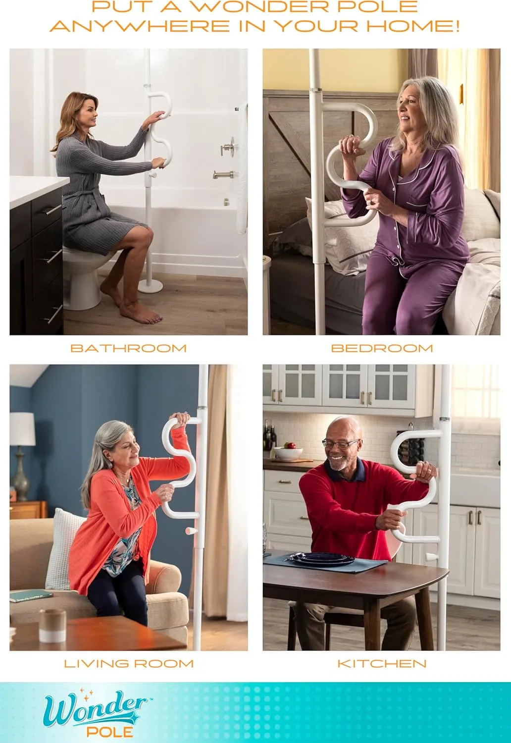 Stander Wonder Pole, Security-Pole and Curve Grab Bar, Tension Mounted Floor to Ceiling Transfer-Pole for Seniors, Elderly Adults, Bathroom Safety Assist and Stability Rail, White
