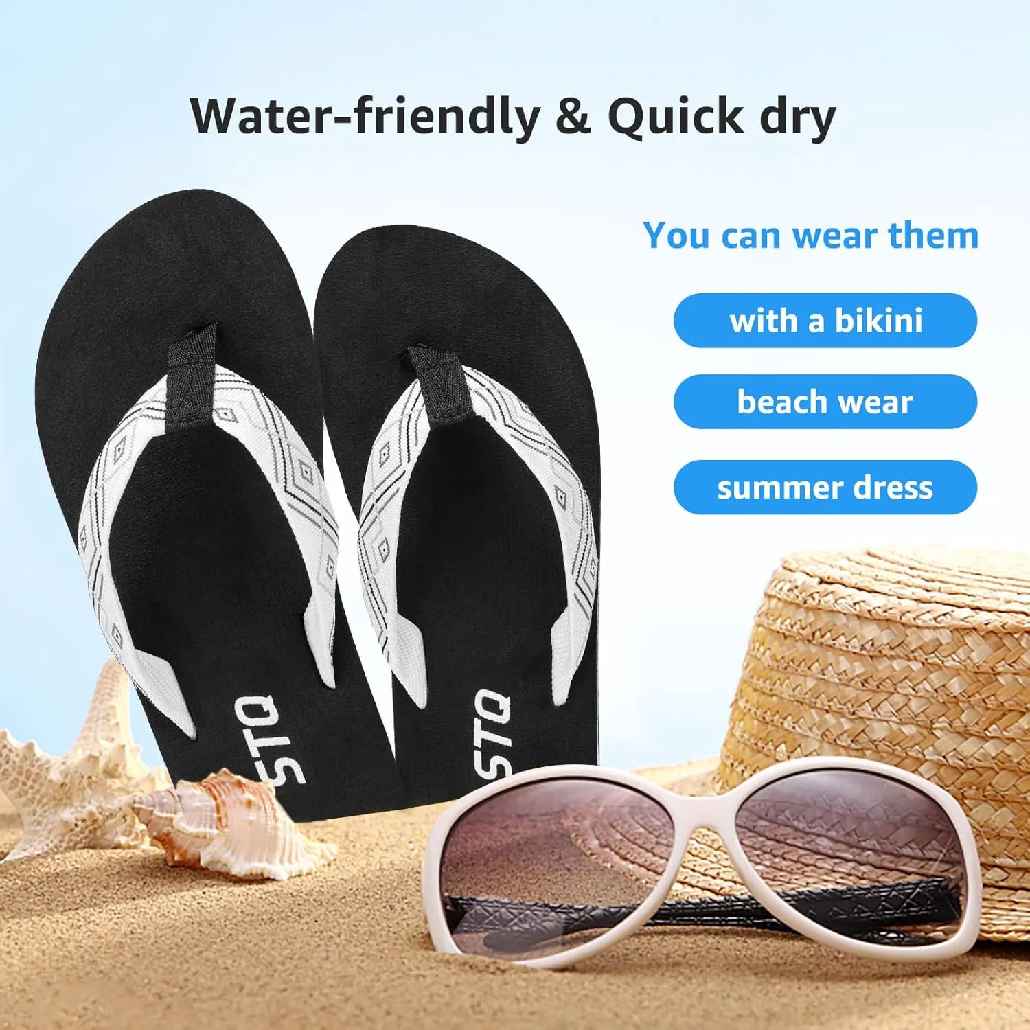 STQ Womens Quick Dry Flip Flops丨Arch Support Thong Sandals