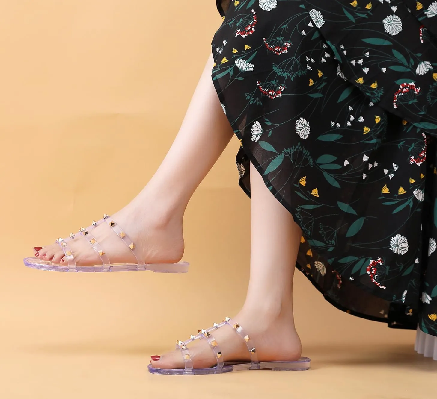 Studded Sandals for Womens Jelly Shoes Flats Stud Slides Slip On Dressy Black Jellies Slippers Summer Beach with Rivets