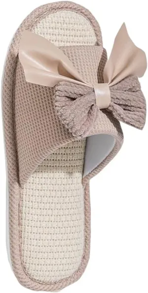 Summer House Slippers for Women, Ultra Soft Breathable Slippers Open Toe Bedroom Shoes for Girl Bowtie-Coffee