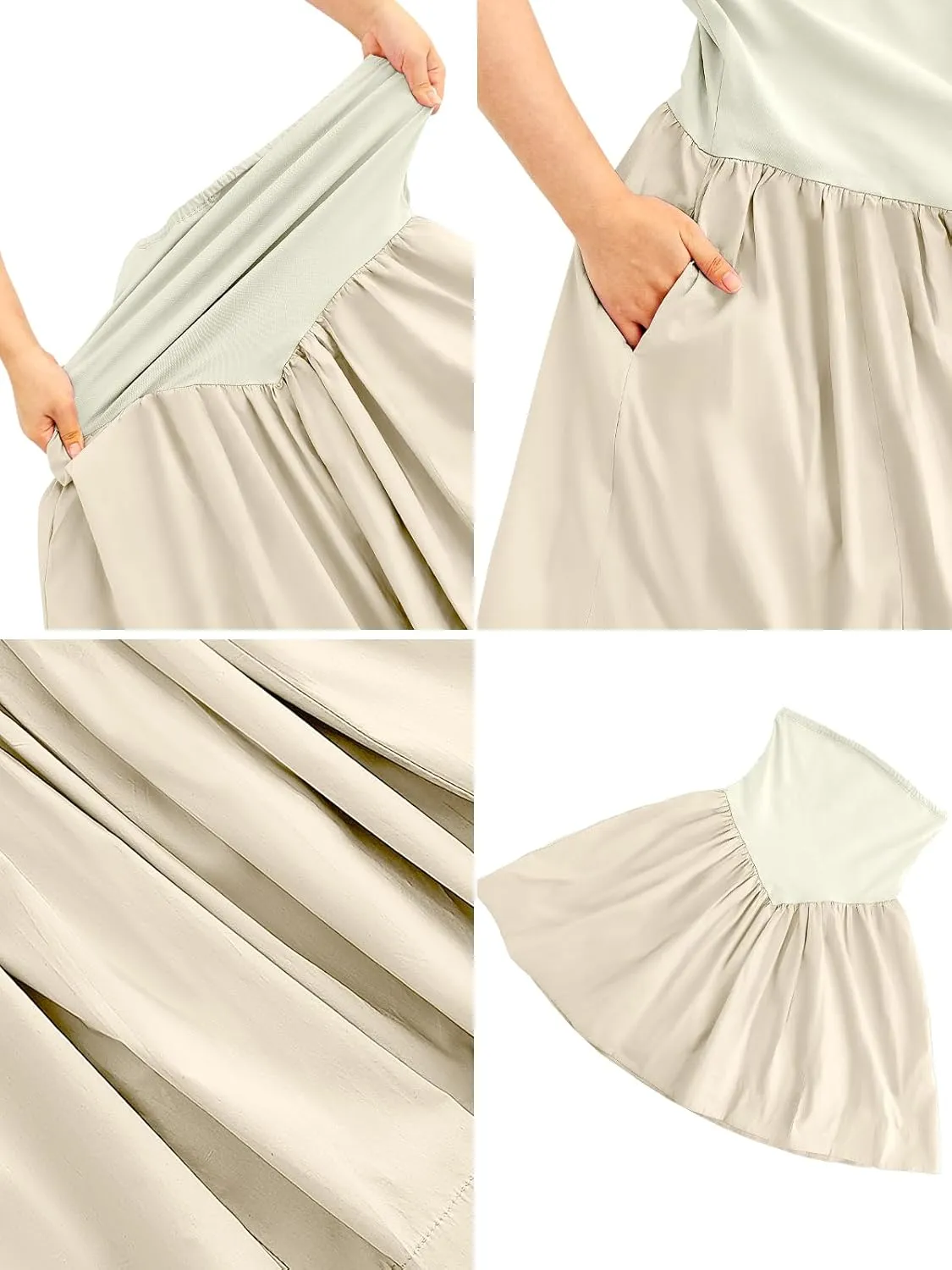 Summer Solid Strapless Mini Dress for Women Tube Top Dresses Patchwork Pleated Drop Waist Flared Beach Dress
