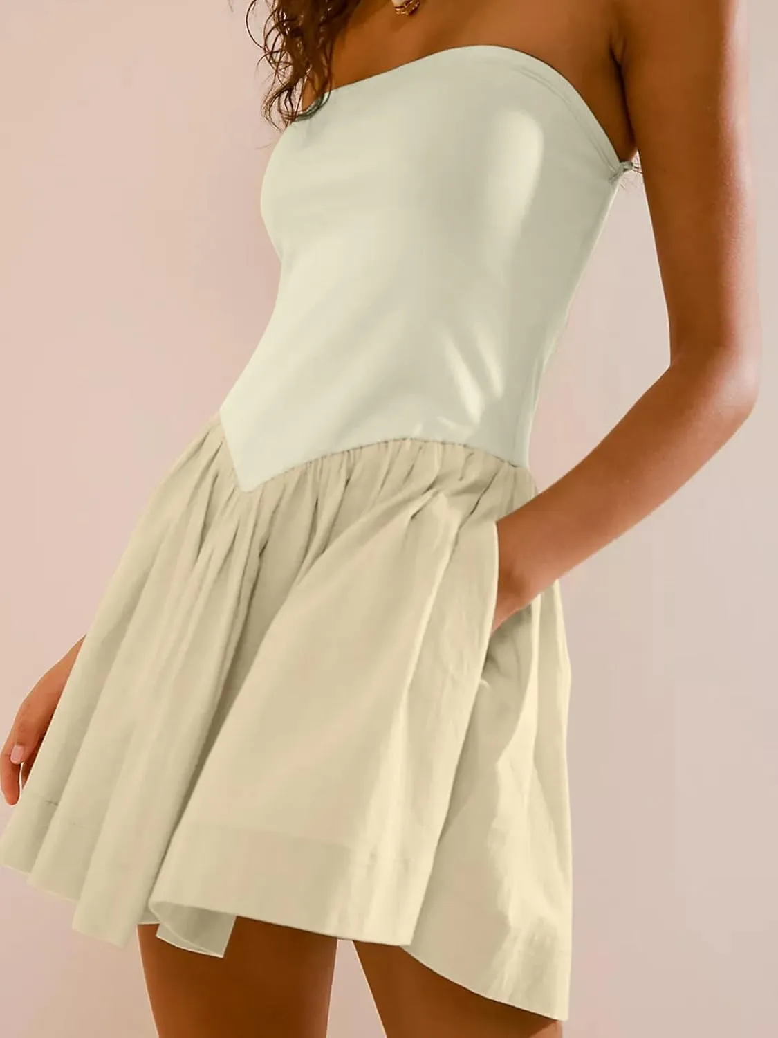 Summer Solid Strapless Mini Dress for Women Tube Top Dresses Patchwork Pleated Drop Waist Flared Beach Dress