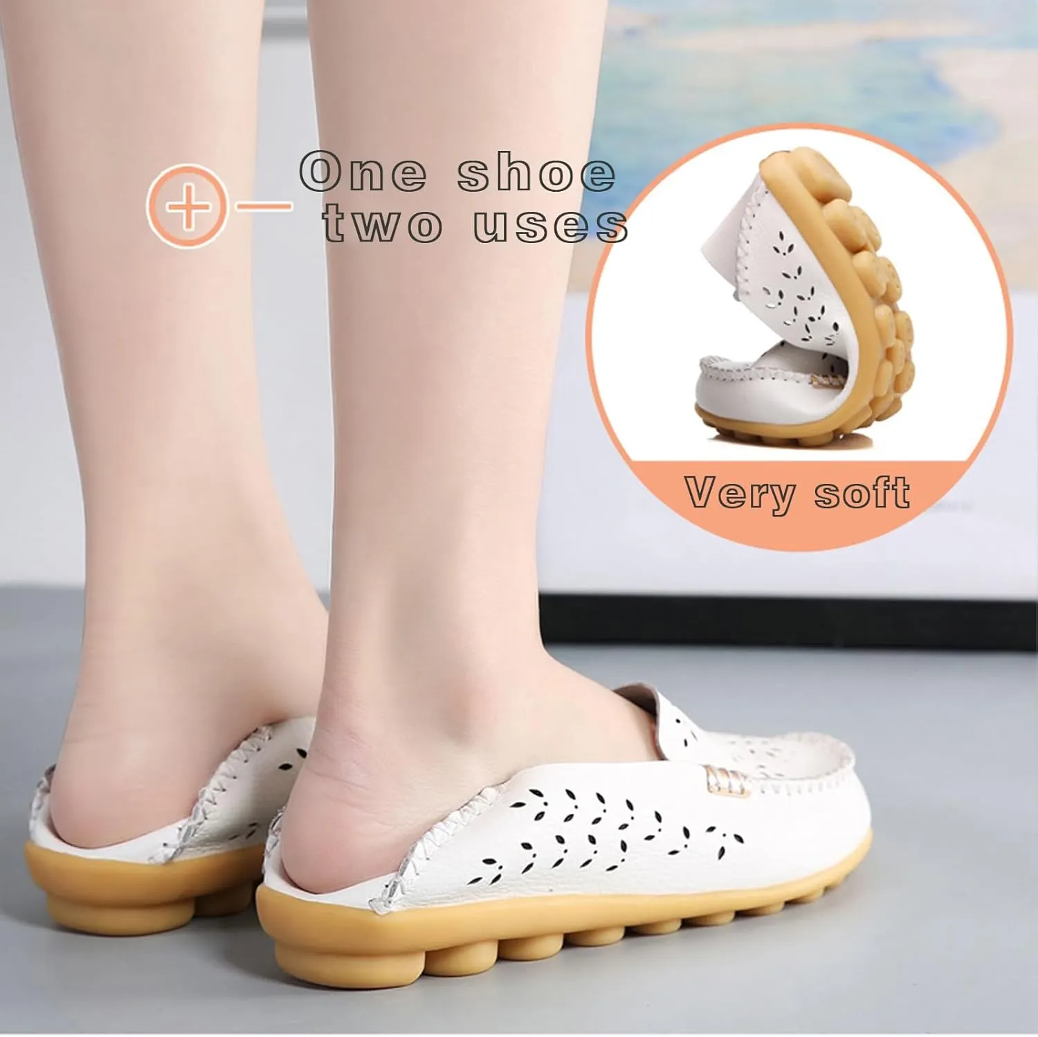 Sunporx Women's Driving Loafers Leather Comfortable Moccasins Breathable Slip On Nurse Loafer Round Toe Wild Walking Fashion Soft Shoes