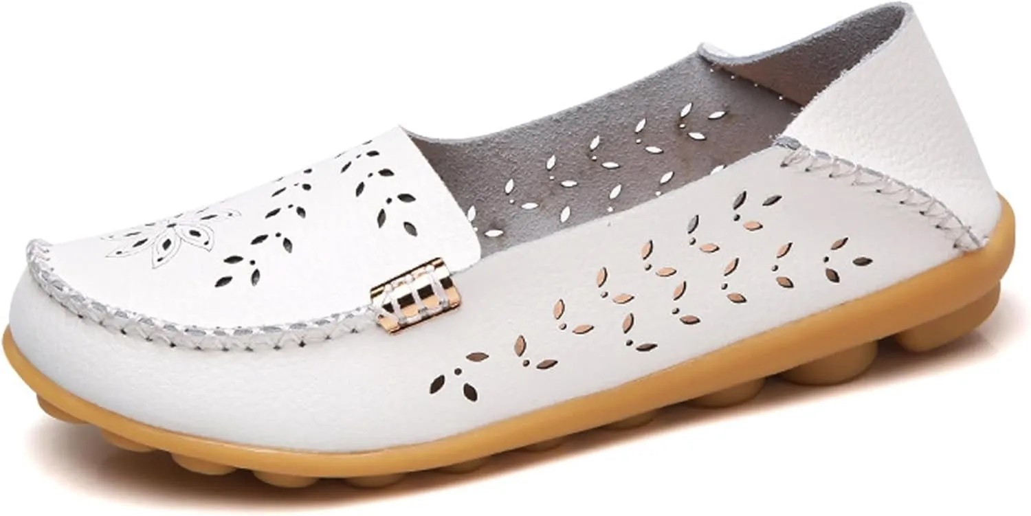 Sunporx Women's Driving Loafers Leather Comfortable Moccasins Breathable Slip On Nurse Loafer Round Toe Wild Walking Fashion Soft Shoes