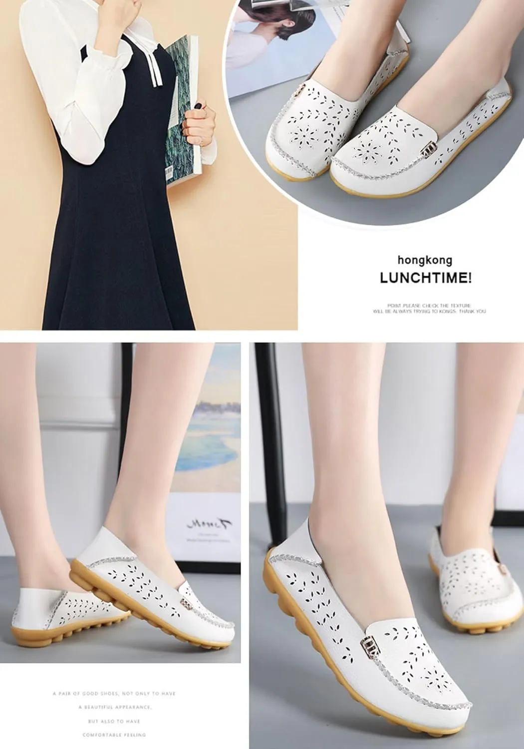 Sunporx Women's Driving Loafers Leather Comfortable Moccasins Breathable Slip On Nurse Loafer Round Toe Wild Walking Fashion Soft Shoes