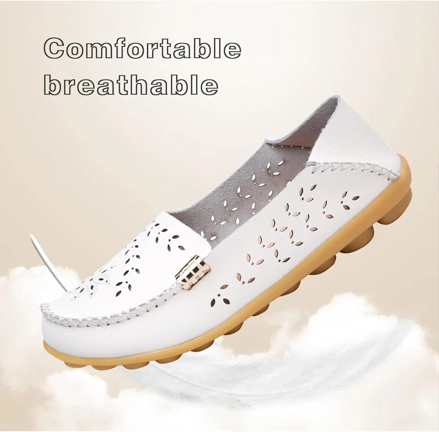 Sunporx Women's Driving Loafers Leather Comfortable Moccasins Breathable Slip On Nurse Loafer Round Toe Wild Walking Fashion Soft Shoes