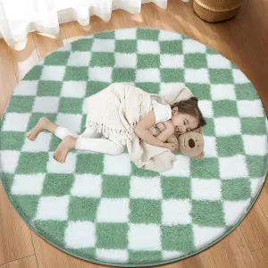 Super Soft Rug, Round Rug for Bedroom, 5X5 Ft Sage Green and White Checkered Round Rug Non-Slip High Pile Cute Soft Fluffy Rug for Living Room Bedroom Kids Room