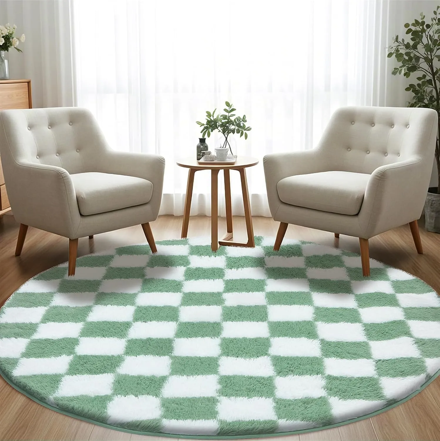 Super Soft Rug, Round Rug for Bedroom, 5X5 Ft Sage Green and White Checkered Round Rug Non-Slip High Pile Cute Soft Fluffy Rug for Living Room Bedroom Kids Room