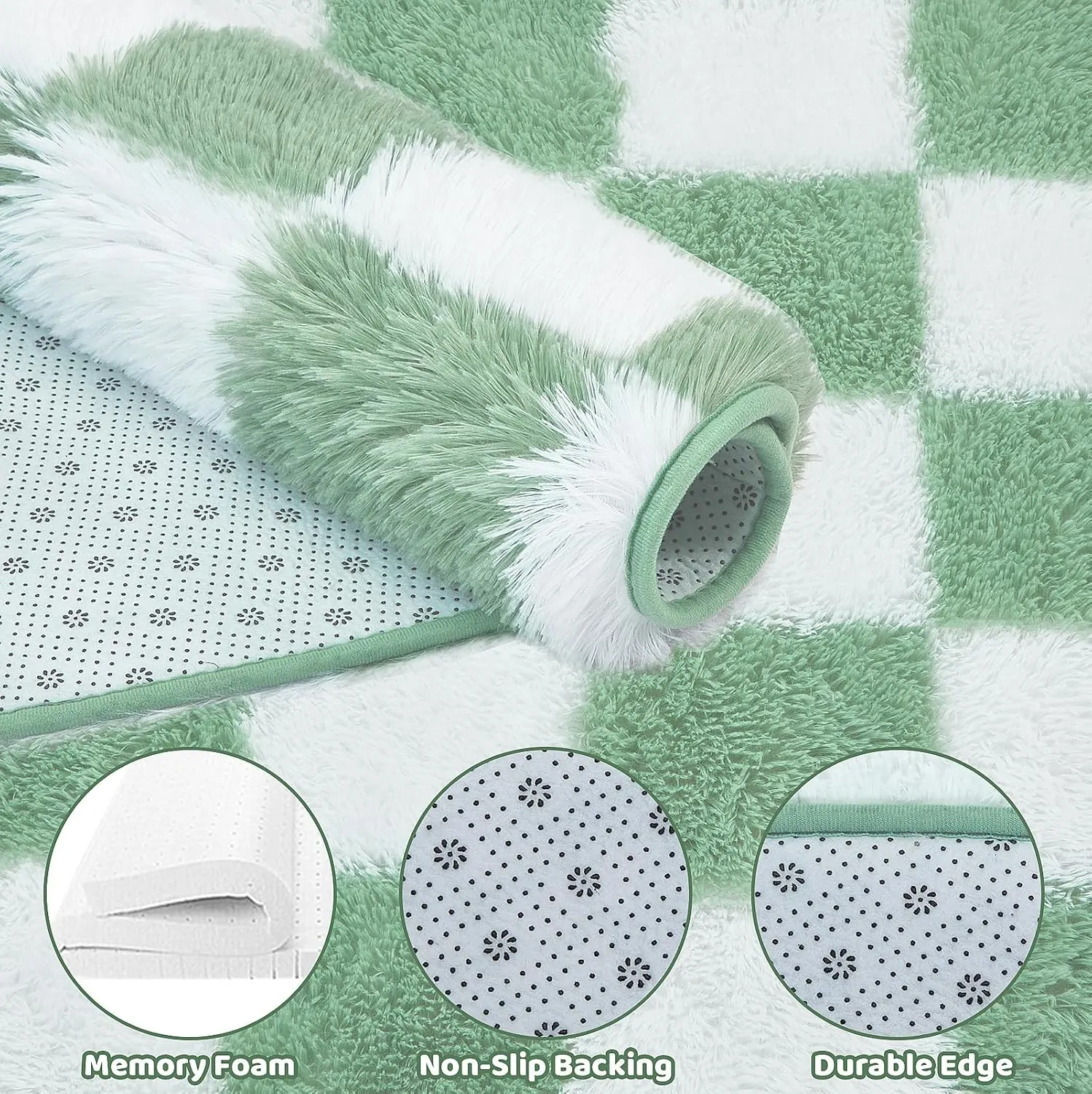 Super Soft Rug, Round Rug for Bedroom, 5X5 Ft Sage Green and White Checkered Round Rug Non-Slip High Pile Cute Soft Fluffy Rug for Living Room Bedroom Kids Room